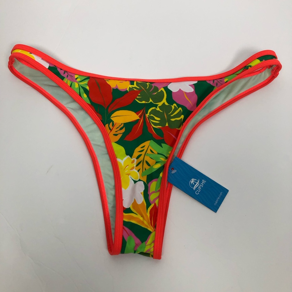 CUPSHE Secret Garden Neon Trim Tropical Floral Bikini Bottom - NWT Size Large L